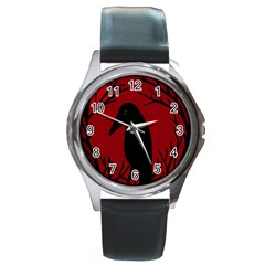 Halloween Raven - Red Round Metal Watch