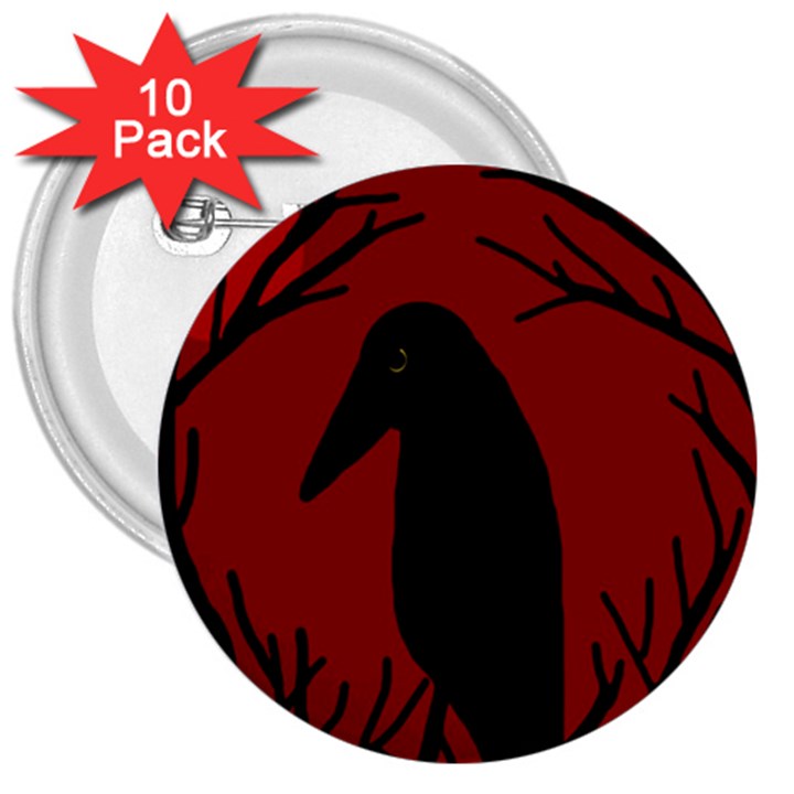 Halloween raven - red 3  Buttons (10 pack) 