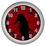 Halloween raven - red Wall Clocks (Silver)  Front