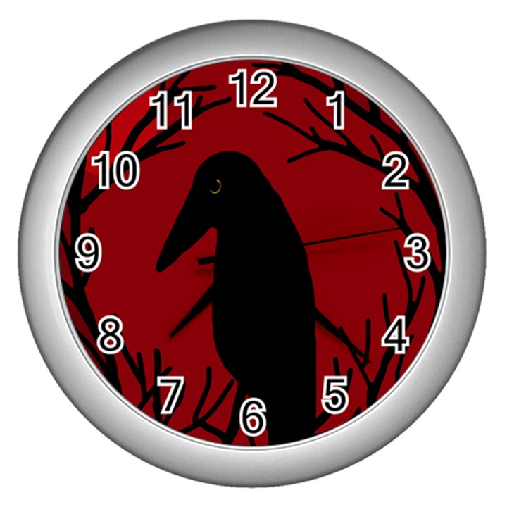 Halloween raven - red Wall Clocks (Silver) 