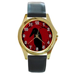 Halloween Raven - Red Round Gold Metal Watch