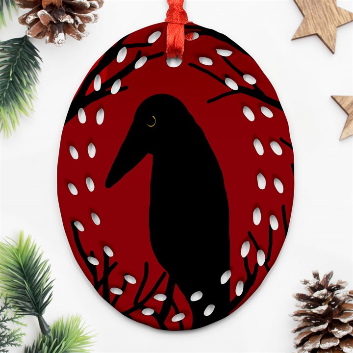 Halloween raven - red Ornament (Oval Filigree) 