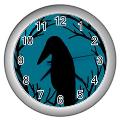 Halloween Raven - Blue Wall Clocks (silver)  by Valentinaart