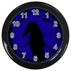 Halloween Raven - Deep Blue Wall Clocks (black) by Valentinaart