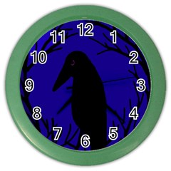 Halloween Raven - Deep Blue Color Wall Clocks by Valentinaart