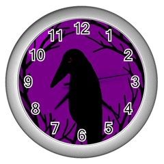 Halloween Raven - Purple Wall Clocks (silver)  by Valentinaart