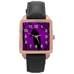 Halloween Raven - Purple Rose Gold Leather Watch  by Valentinaart