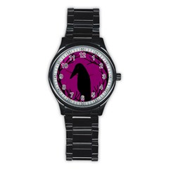 Halloween Raven - Magenta Stainless Steel Round Watch by Valentinaart