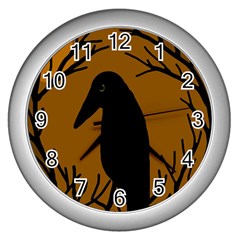 Halloween Raven - Brown Wall Clocks (silver)  by Valentinaart