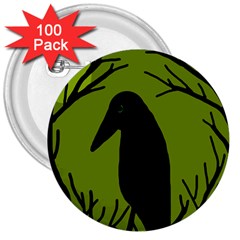 Halloween Raven - Green 3  Buttons (100 Pack) 