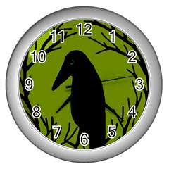 Halloween Raven - Green Wall Clocks (silver)  by Valentinaart