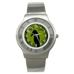 Halloween Raven - Green Stainless Steel Watch by Valentinaart