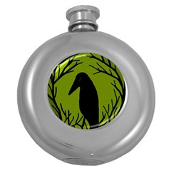 Halloween Raven - Green Round Hip Flask (5 Oz) by Valentinaart