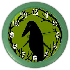 Halloween Raven - Green Color Wall Clocks by Valentinaart