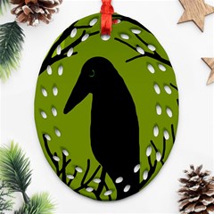 Halloween Raven - Green Ornament (oval Filigree)  by Valentinaart