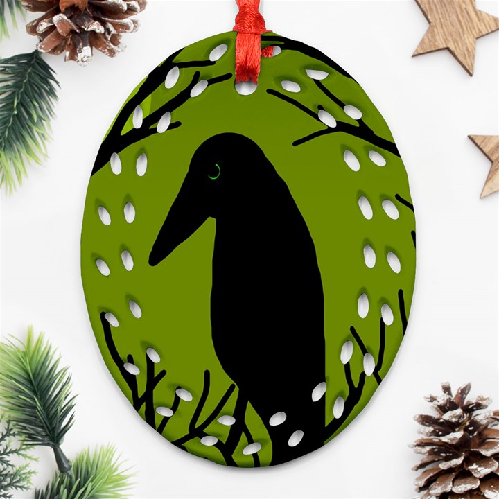 Halloween raven - green Ornament (Oval Filigree) 