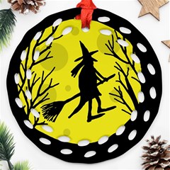 Halloween Witch - Yellow Moon Ornament (round Filigree)  by Valentinaart