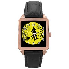 Halloween Witch - Yellow Moon Rose Gold Leather Watch 