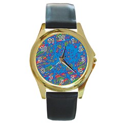 Colorful Neon Chaos Round Gold Metal Watch by Valentinaart