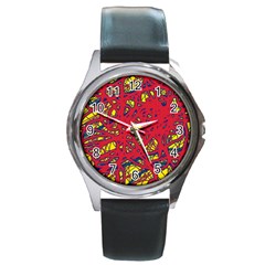 Yellow And Red Neon Design Round Metal Watch by Valentinaart