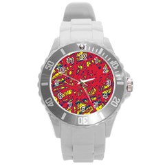 Yellow And Red Neon Design Round Plastic Sport Watch (l) by Valentinaart