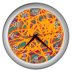 Orange Neon Chaos Wall Clocks (silver) 