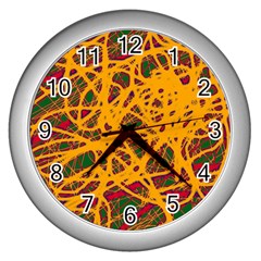 Yellow Neon Chaos Wall Clocks (silver)  by Valentinaart