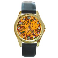 Yellow Neon Chaos Round Gold Metal Watch