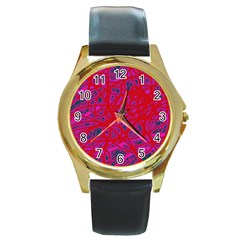 Red Neon Round Gold Metal Watch