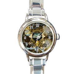 Steampunk, Awesome Owls With Clocks And Gears Round Italian Charm Watch