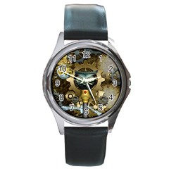 Steampunk, Awesome Owls With Clocks And Gears Round Metal Watch