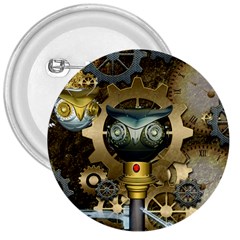 Steampunk, Awesome Owls With Clocks And Gears 3  Buttons