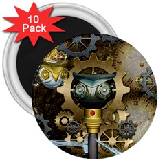 Steampunk, Awesome Owls With Clocks And Gears 3  Magnets (10 Pack) 