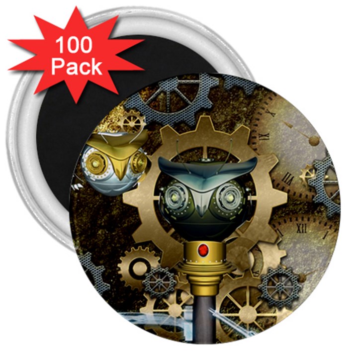 Steampunk, Awesome Owls With Clocks And Gears 3  Magnets (100 pack)