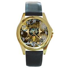 Steampunk, Awesome Owls With Clocks And Gears Round Gold Metal Watch