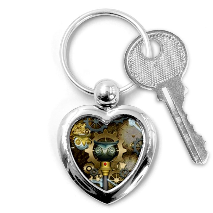 Steampunk, Awesome Owls With Clocks And Gears Key Chains (Heart) 