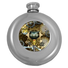 Steampunk, Awesome Owls With Clocks And Gears Round Hip Flask (5 Oz)