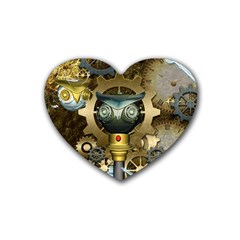 Steampunk, Awesome Owls With Clocks And Gears Rubber Coaster (heart) 