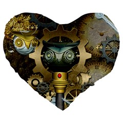 Steampunk, Awesome Owls With Clocks And Gears Large 19  Premium Heart Shape Cushions