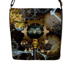 Steampunk, Awesome Owls With Clocks And Gears Flap Messenger Bag (l) 