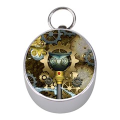 Steampunk, Awesome Owls With Clocks And Gears Mini Silver Compasses