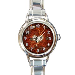 Steampunk, Wonderful Heart With Clocks And Gears On Red Background Round Italian Charm Watch