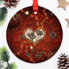 Steampunk, Wonderful Heart With Clocks And Gears On Red Background Ornament (round) 