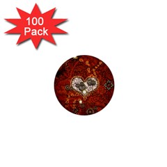 Steampunk, Wonderful Heart With Clocks And Gears On Red Background 1  Mini Buttons (100 Pack) 