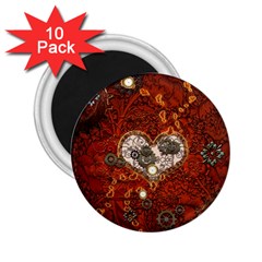 Steampunk, Wonderful Heart With Clocks And Gears On Red Background 2 25  Magnets (10 Pack) 