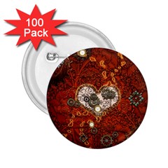 Steampunk, Wonderful Heart With Clocks And Gears On Red Background 2 25  Buttons (100 Pack)  by FantasyWorld7