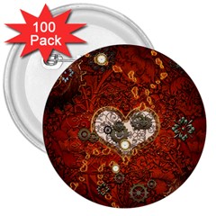 Steampunk, Wonderful Heart With Clocks And Gears On Red Background 3  Buttons (100 Pack)  by FantasyWorld7