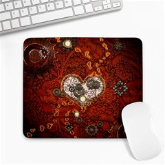 Steampunk, Wonderful Heart With Clocks And Gears On Red Background Large Mousepads