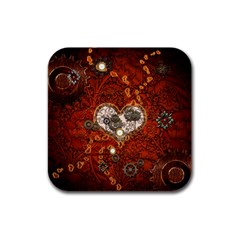 Steampunk, Wonderful Heart With Clocks And Gears On Red Background Rubber Square Coaster (4 Pack) 