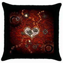 Steampunk, Wonderful Heart With Clocks And Gears On Red Background Throw Pillow Case (black)